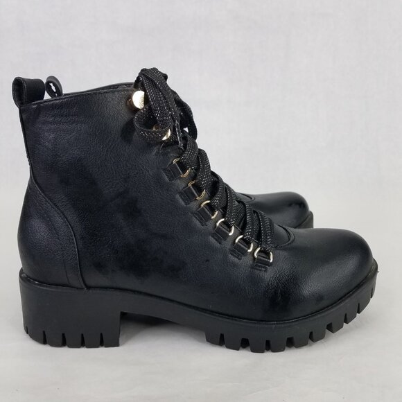 Chase + Chloe Storm Combat Boots Women 9 Black Block Heel Lug Sole Glitter Laces - Picture 5 of 15